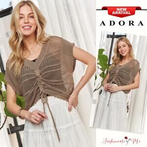 ADORA Front Drawstring Detail V-Neck Drop Shoulder Crochet Pattern Top | Olive